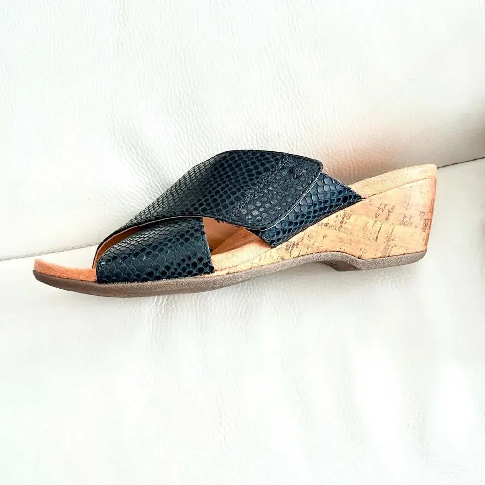 Vionic Leticia Black Lizard Embossed Cork Wedge Sandals